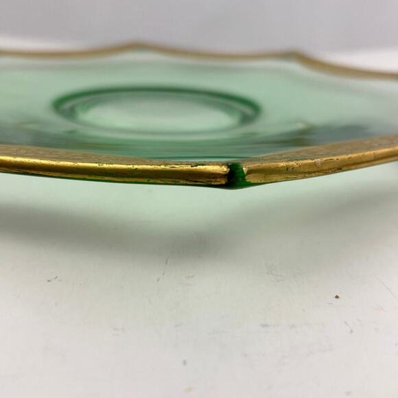 VTG Green Depression Octagon Glass Plate Glassware Floral Gold Trim - Picture 5 of 12